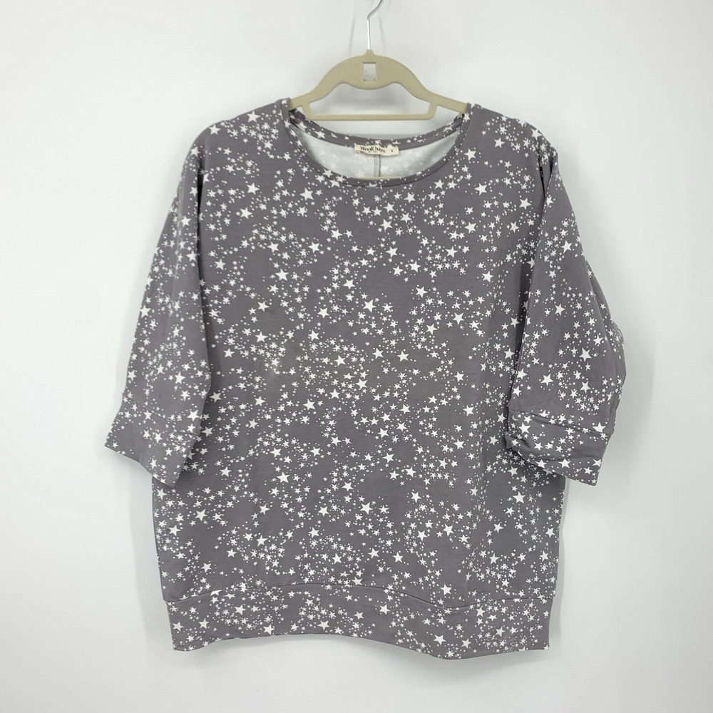 WoolOvers Women Size Small Shirt Short Sleeve Top Gray White Star Print Pullover